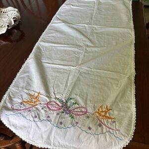 Vintage Embroidered White Table Runner